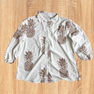 Women’s White & Brown Oversized 3/4 Sleeve Button down Pineapple Shirt